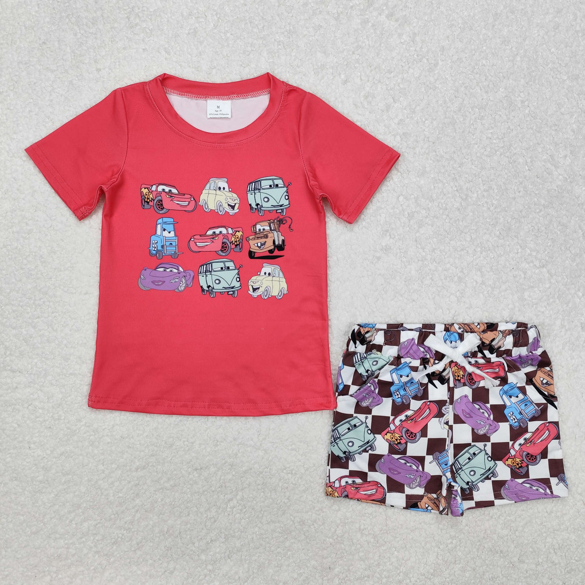 BSSO1159 Cartoon Car Red Short Sleeve Black Checkered Shorts Boys Set