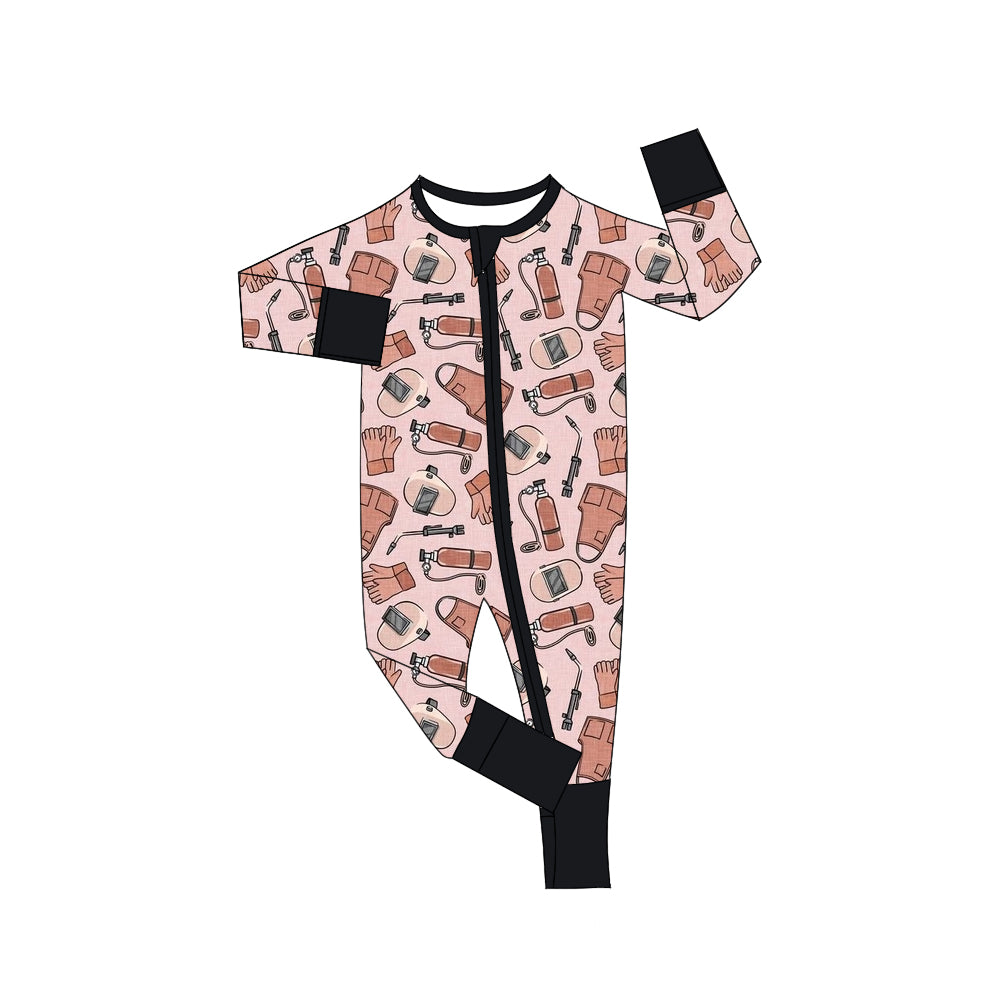 custom style welder pink long sleeve girls zipper romper
