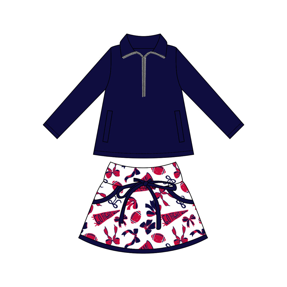 custom moq 3 football item yoga navy blue zipper long sleeve red cheer bows skorts skirt girls set