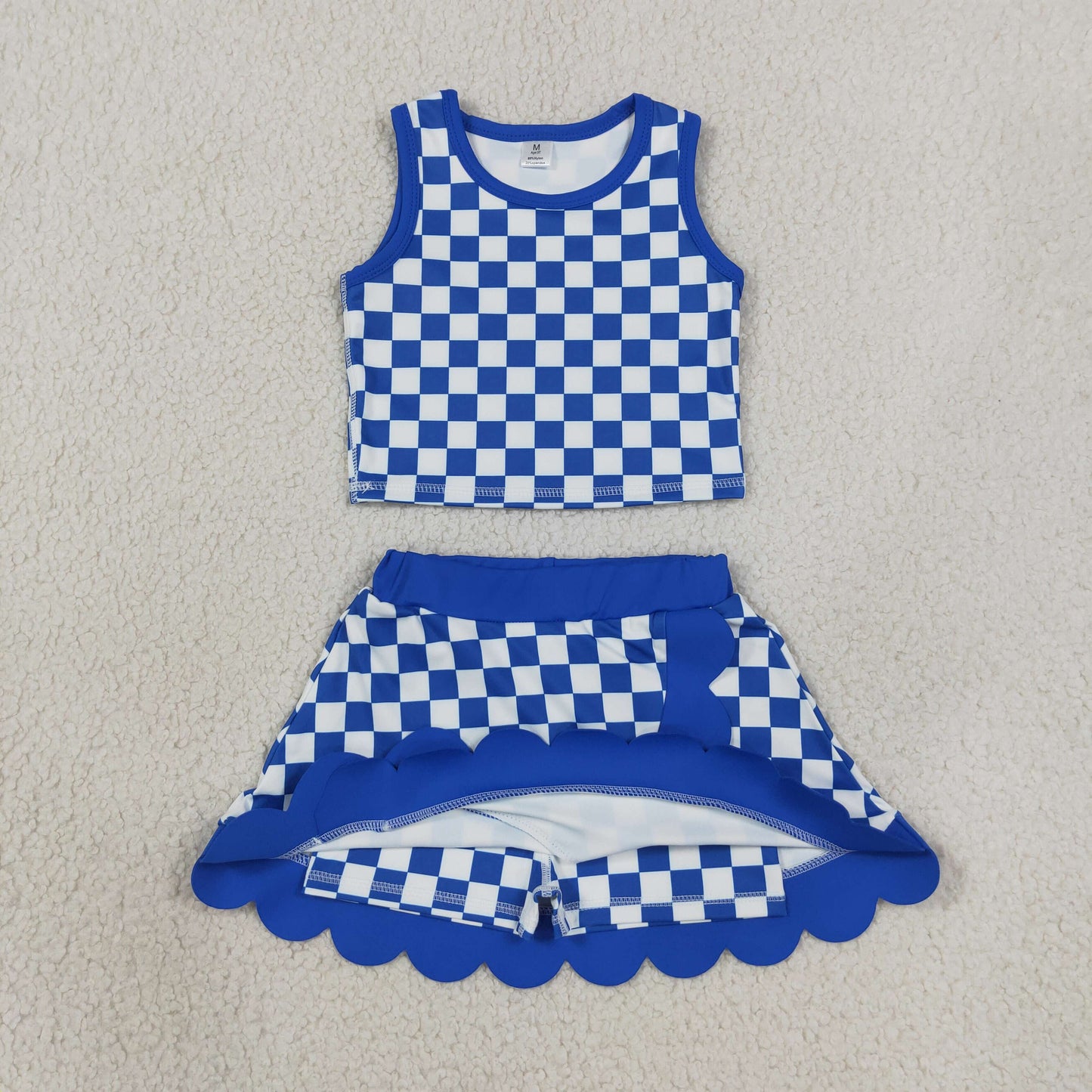 GSD4110 Yoga Blue Checkered Sleeveless Skort Skirt Girls Set