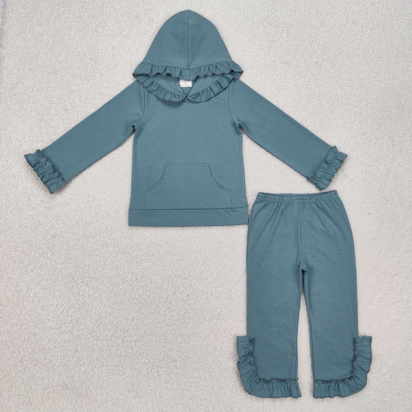 GLP2250 grey blue pocket long sleeve hoodie ruffles pants girls set