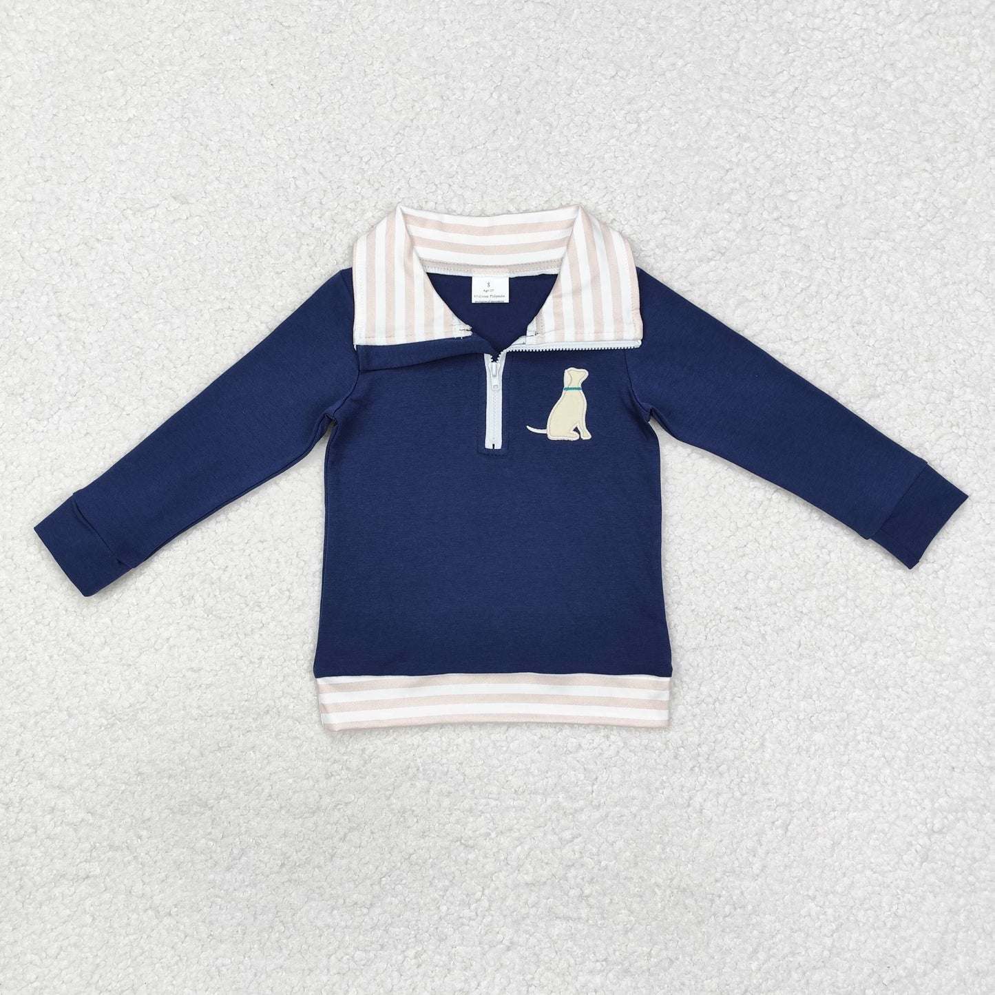 embroidery BT0893 cute dog navy blue zipper long sleeve boys pullover