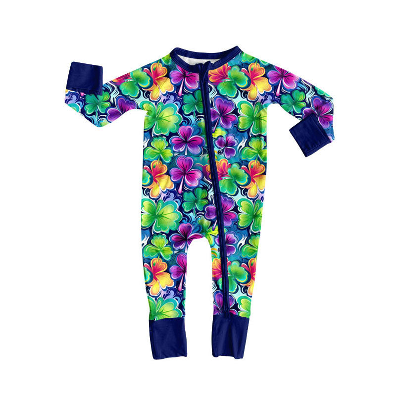 custom moq 5 St Patrick colorful print clover purple zipper long sleeve girls romper