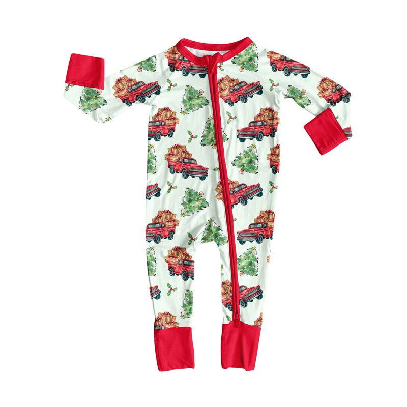 Custom moq 20 bamboo Christmas tree holly berry truck red zipper long sleeve boys romper