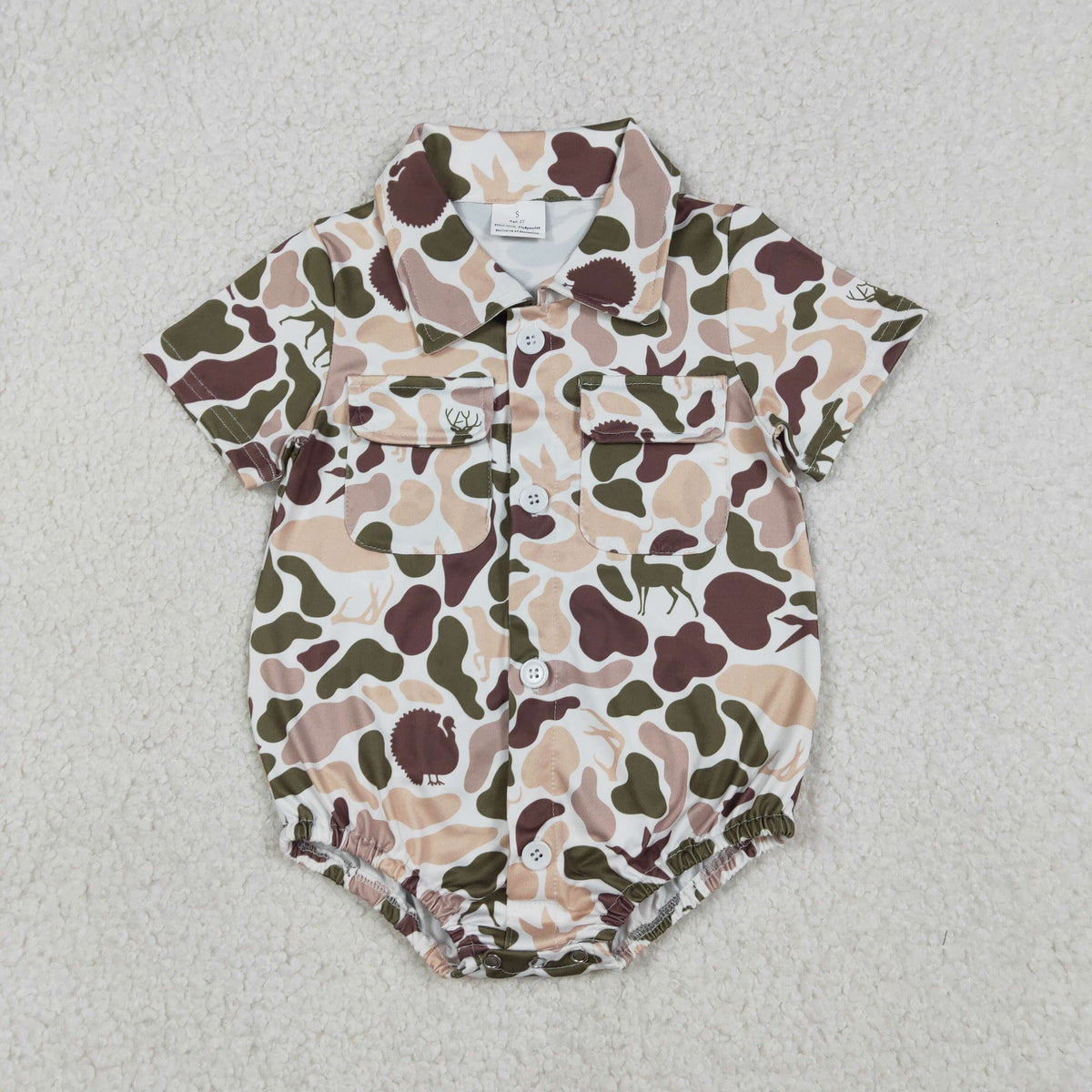 SR3657 Hunting Camo Pockets Short Sleeve Boys Romper