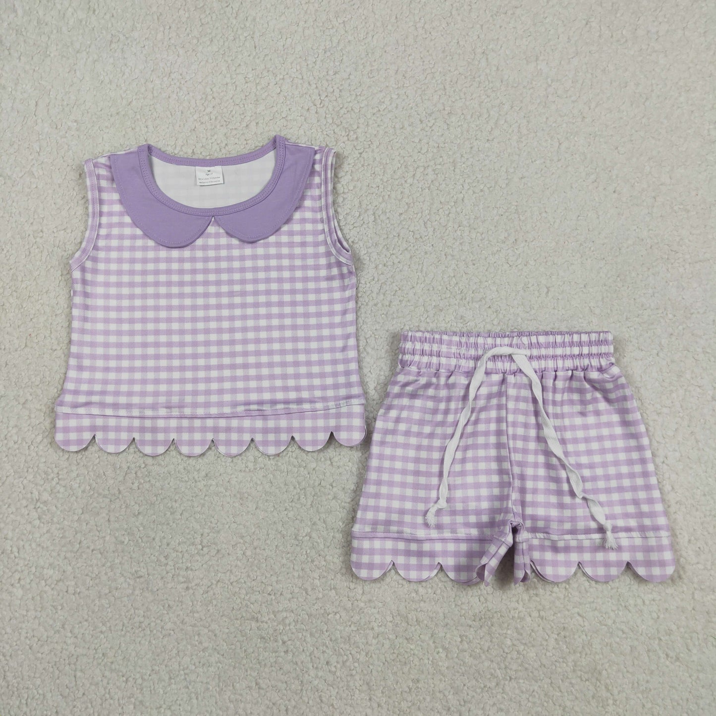 GSSO3396 Scallop Purple Checkered Sleeveless Shorts Girls Set