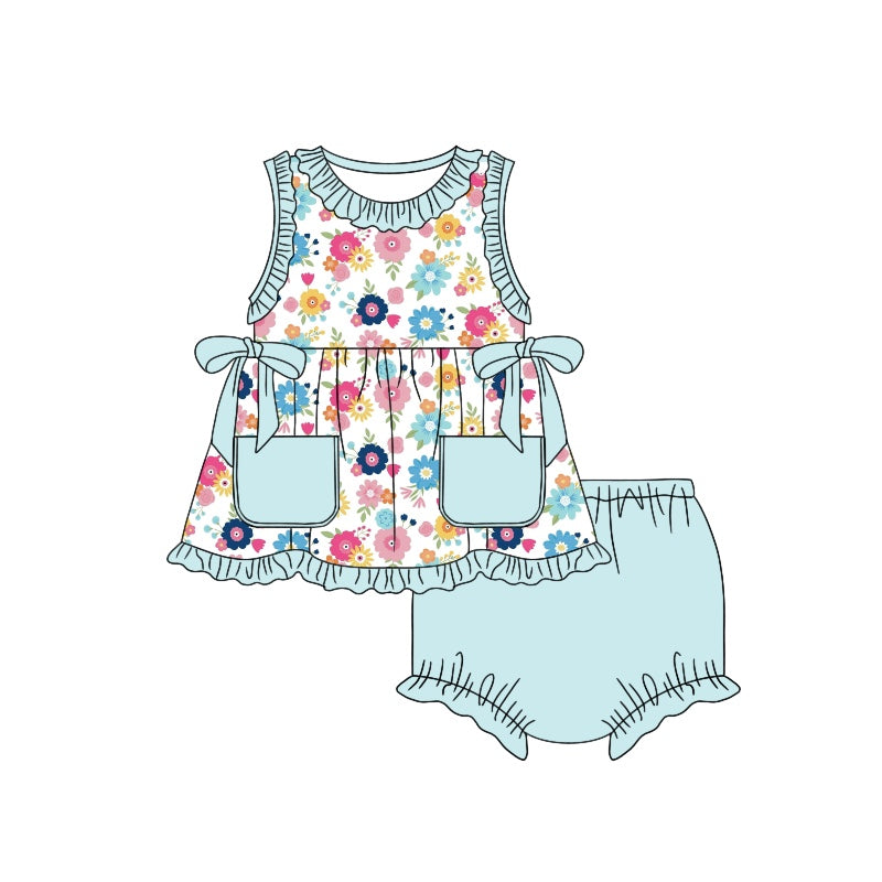 Custom Colorful flowers blue pockets sleeveless girls bummies set moq3