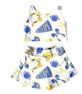 preorder cheer bows blue/golden sleeveless skorts girls set