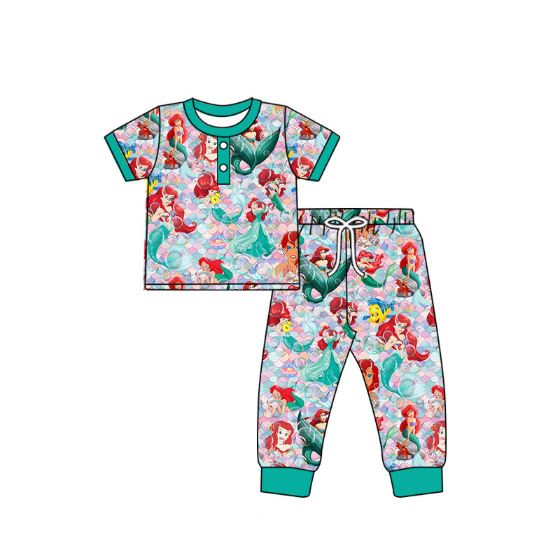 MOQ 3 Custom Cartoon Princess Mermaid Green Short Sleeve Pants Girls Pajamas