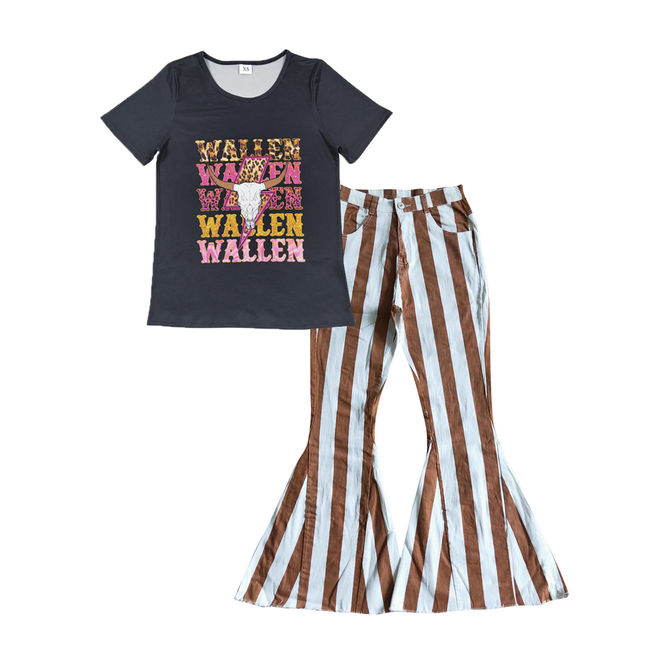 Wallen cow black short sleeve top brown striped denim pants adult set