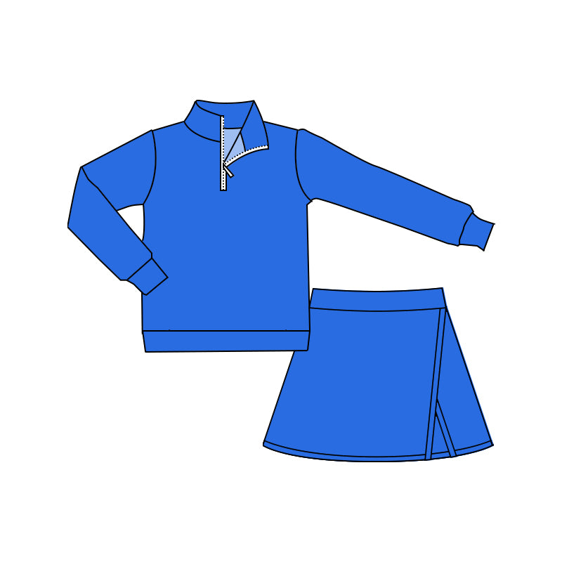 preorder dark blue zipper long sleeve skirt with shorts girls set