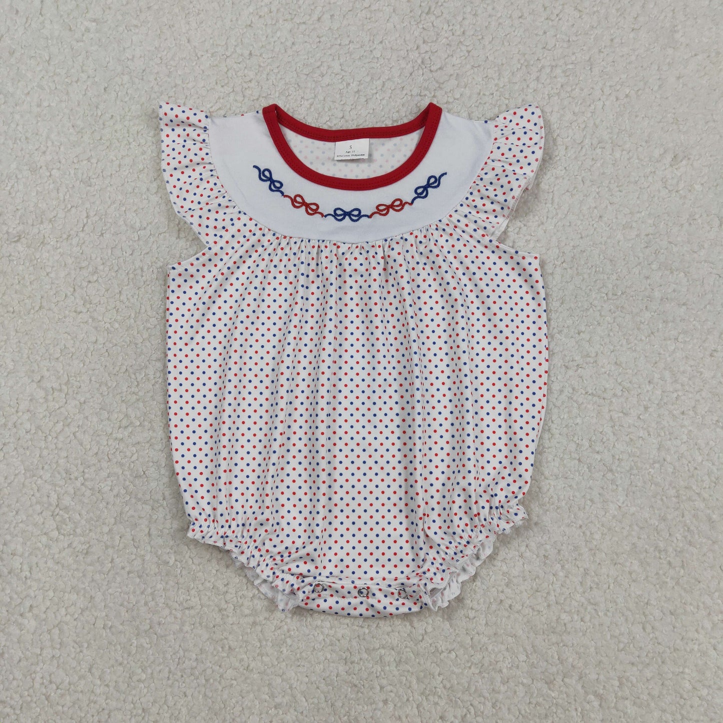 Embroidery SR3706 July 4th Bows Red Blue Dot Flutter Sleeve Girls Romper