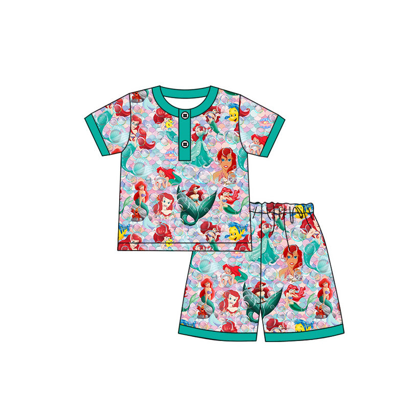 MOQ 3 Custom Cartoon Princess Mermaid Green Short Sleeve Shorts Girls Pajamas