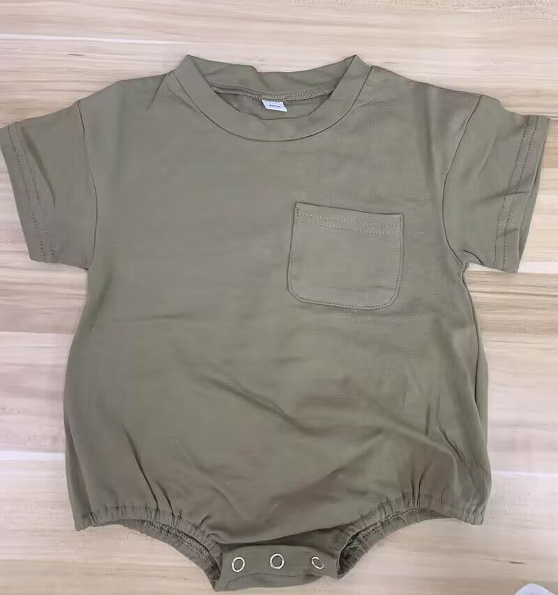 custom S green pocket short sleeve cotton romper