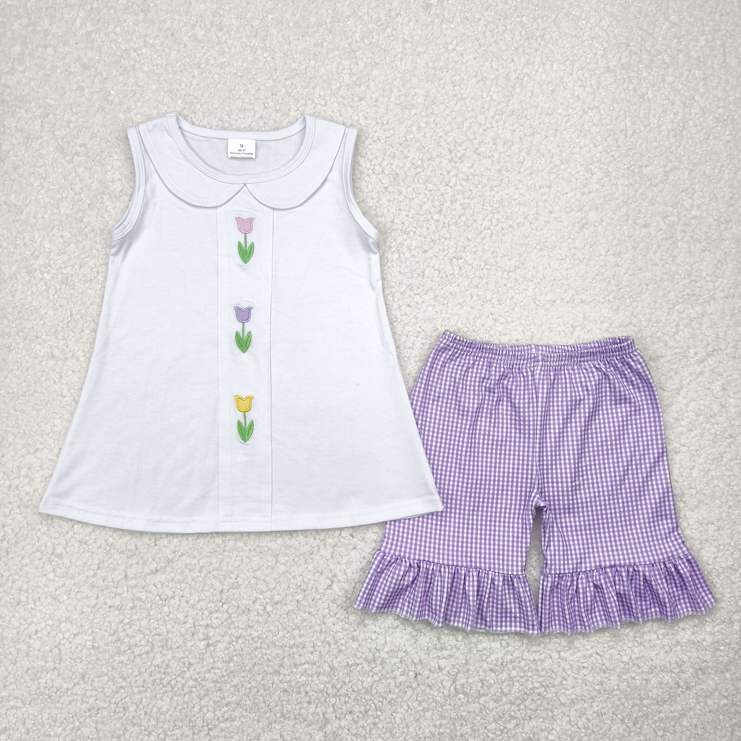 GSSO2276 embroidery flowers tulip sleeveless purple checkered shorts girls set