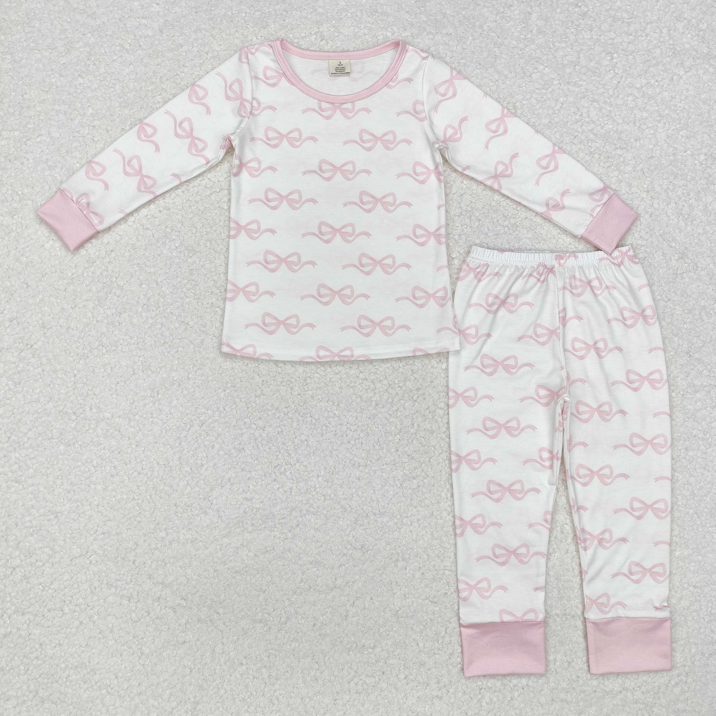 Custom moq 20 bamboo cute coquette bows pink long sleeve pants girls pajamas
