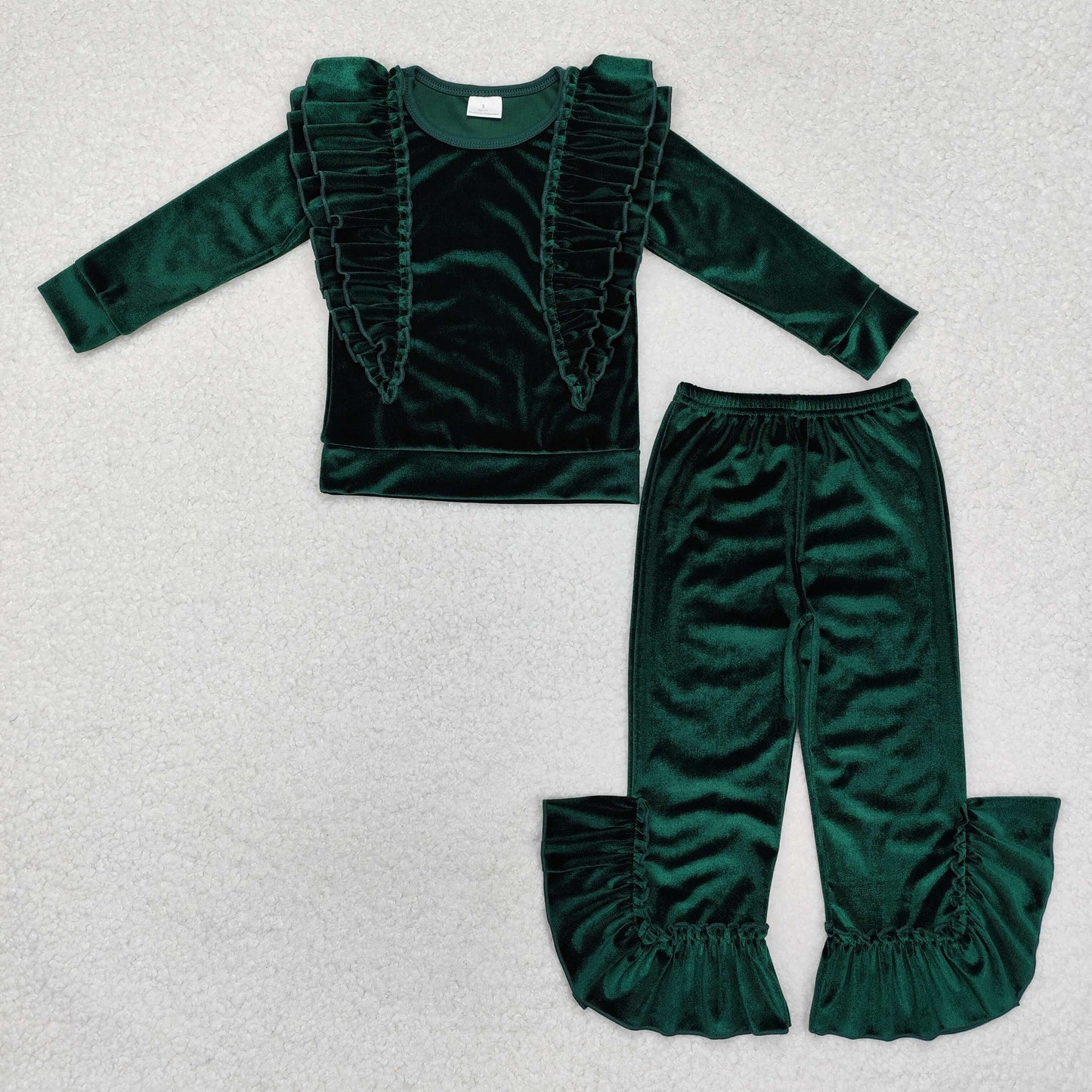 GLP2165 Christmas green velvet ruffles long sleeve pants girls set
