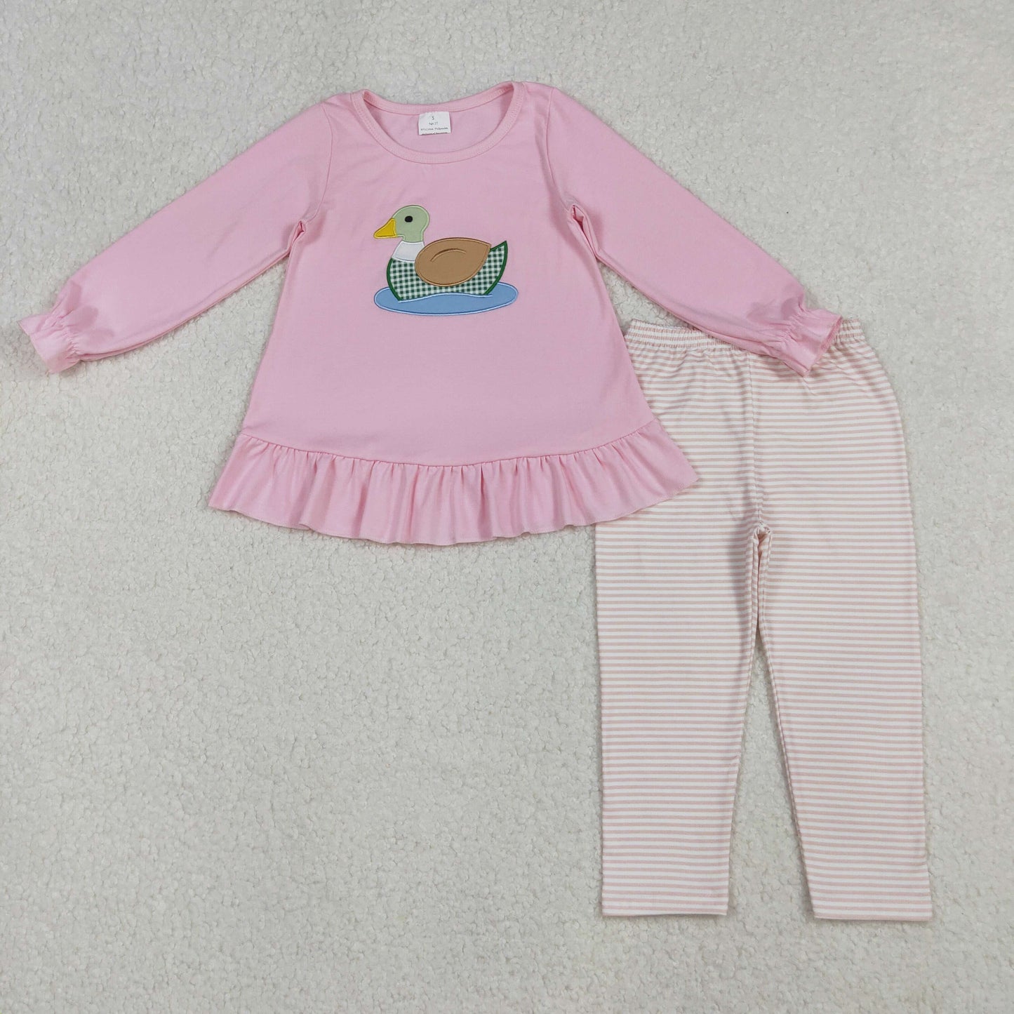 GLP2698 embroidery hunting mallard duck pink long sleeve striped pants girls set