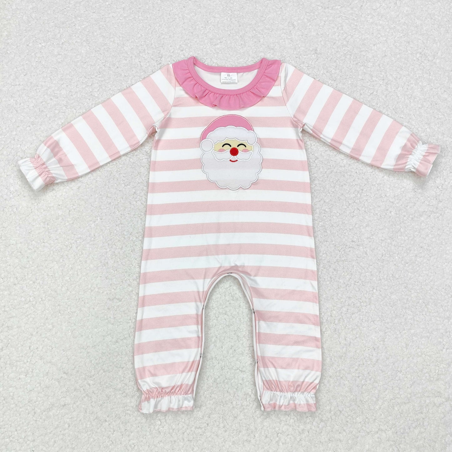 embroidery LR1662 Christmas Santa pink striped long sleeve girls romper
