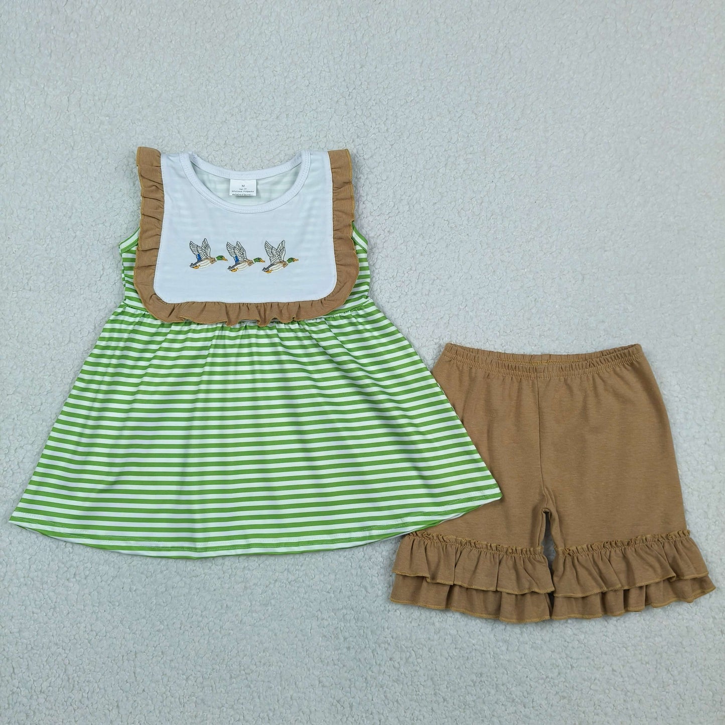 GSSO3432 Mallard Duck Green Flutter Sleeve Brown Shorts Girls Set