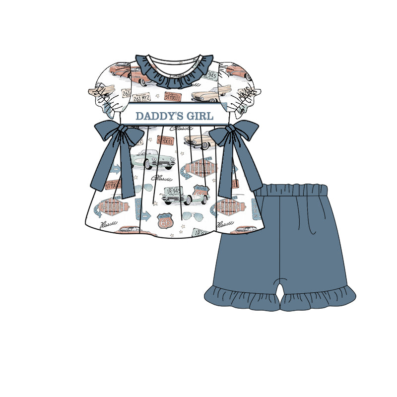 preorder tat 7-8 weeks car daddy's girl bows short sleeve blue shorts girls set