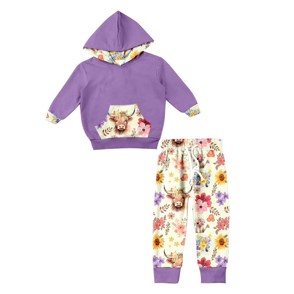 preorder GLP0785 Highland cow flowers purple hoodie girls set