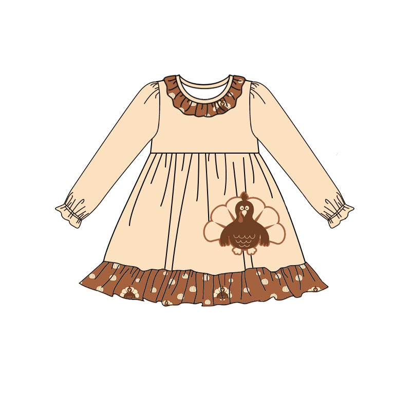 preorder GLD0564 Thanksgiving turkey khaki long sleeve girls dress
