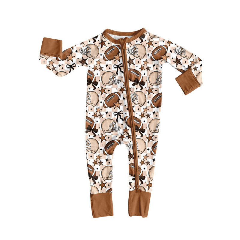custom moq 5 football star bows brown zipper long sleeve girls romper