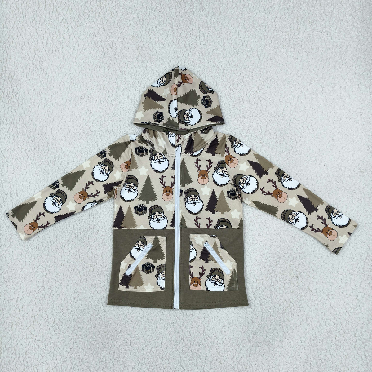 BT1328 Christmas Santa tree deer dark green pockets hoodie long sleeve boys coat