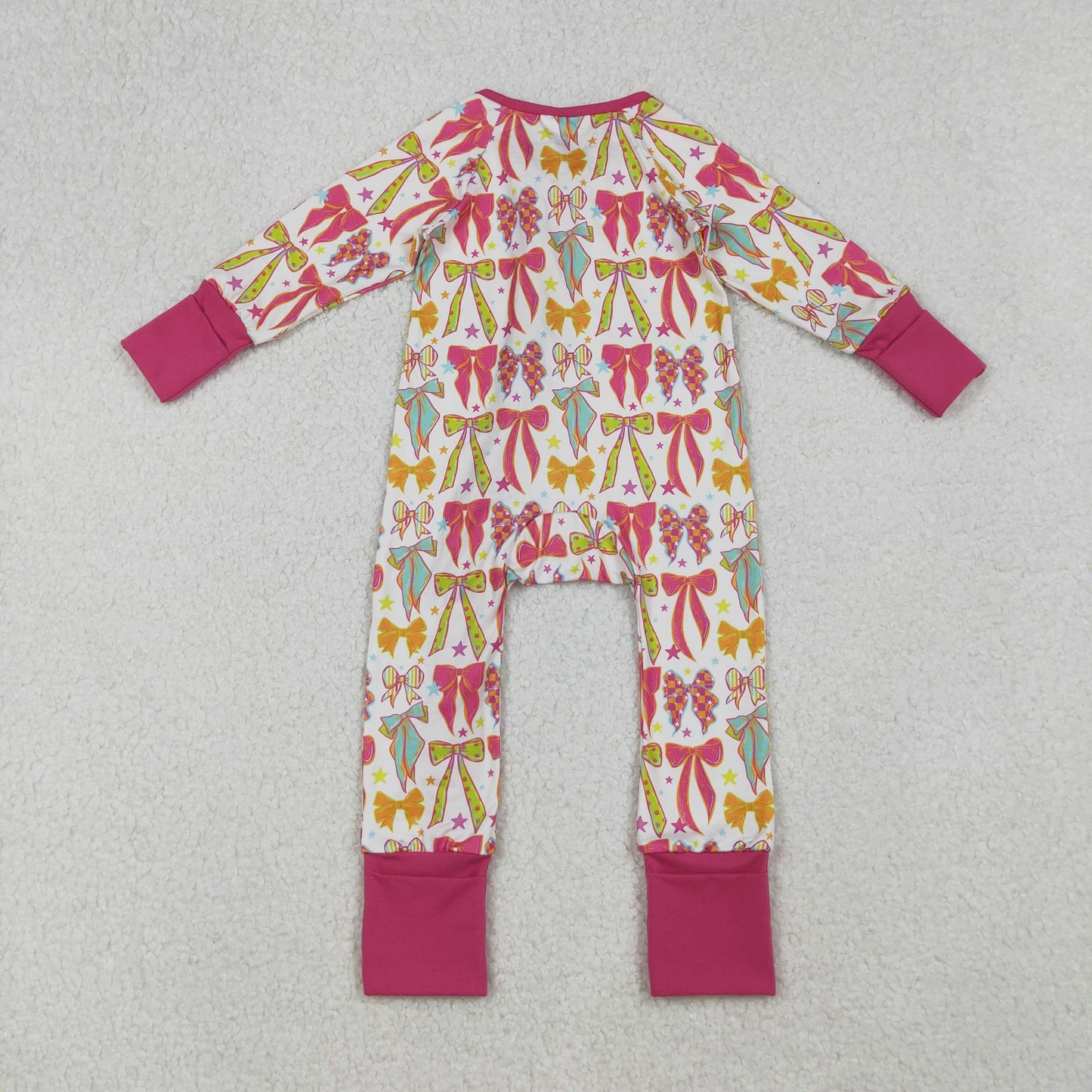LR2468 colorful bows green/hot pink/orange bows long sleeve zipper girls romper