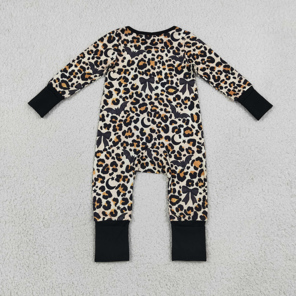 LR3242 Leopard Bows Zipper Long Sleeve Girls Romper