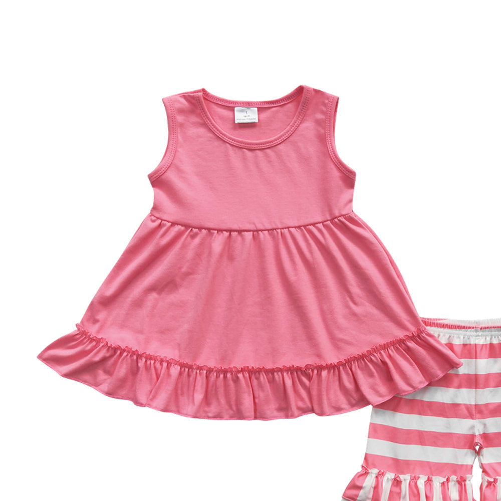 C10-16 Pink Sleeveless Dress Top Match Striped Print Shorts Girls Set