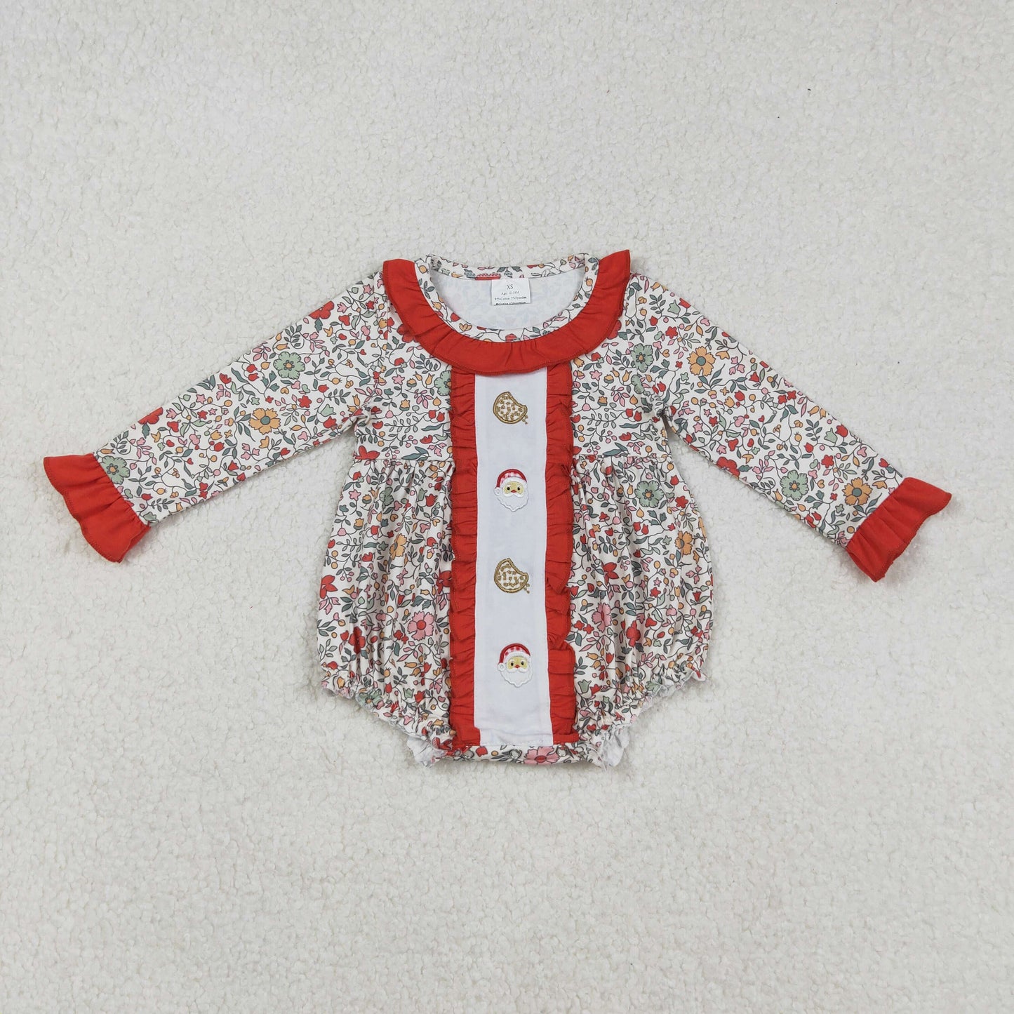 embroidery LR2232 Christmas Santa cookie flowers orange long sleeve girls romper