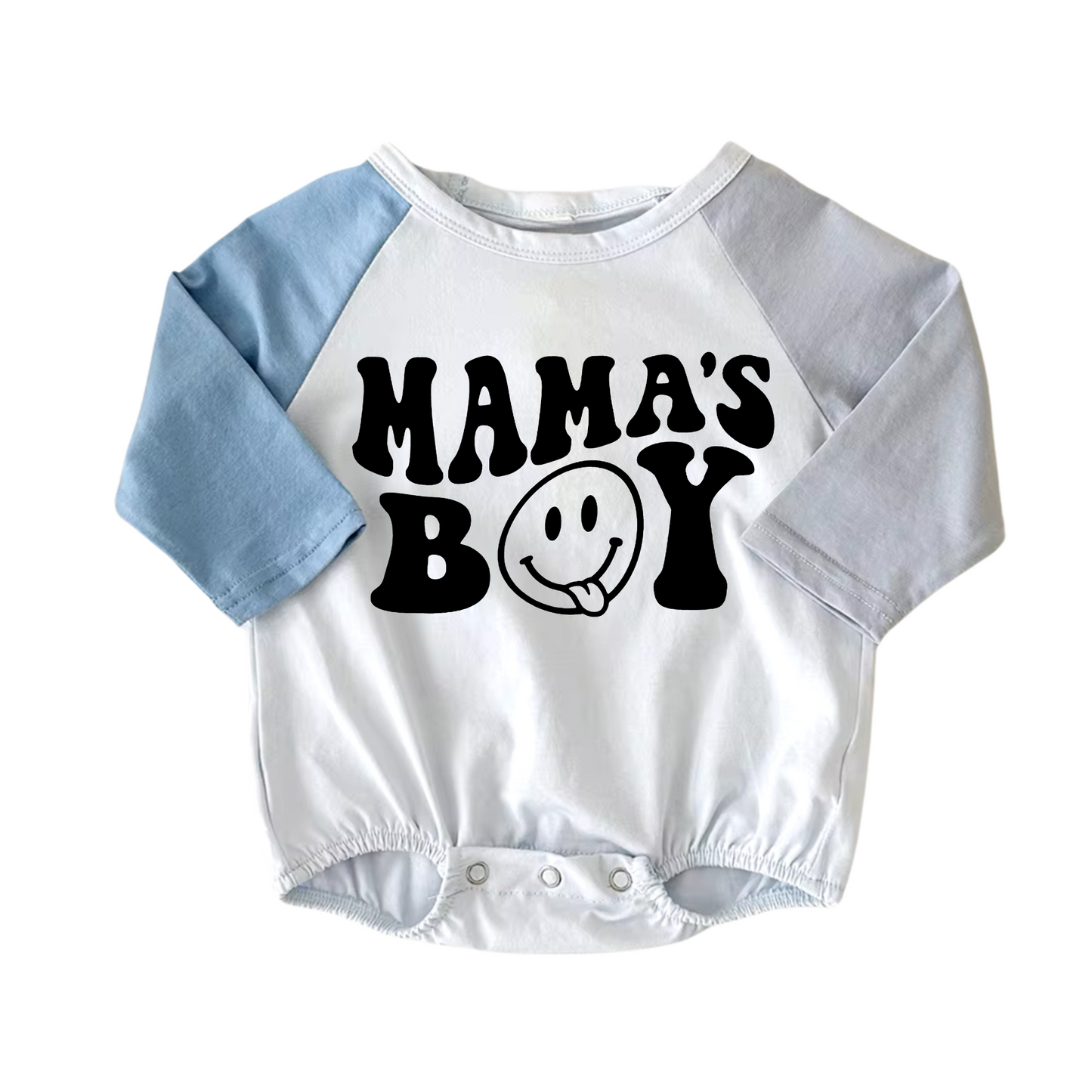 custom moq 3 mama's boy smile blue grey long sleeve baby romper