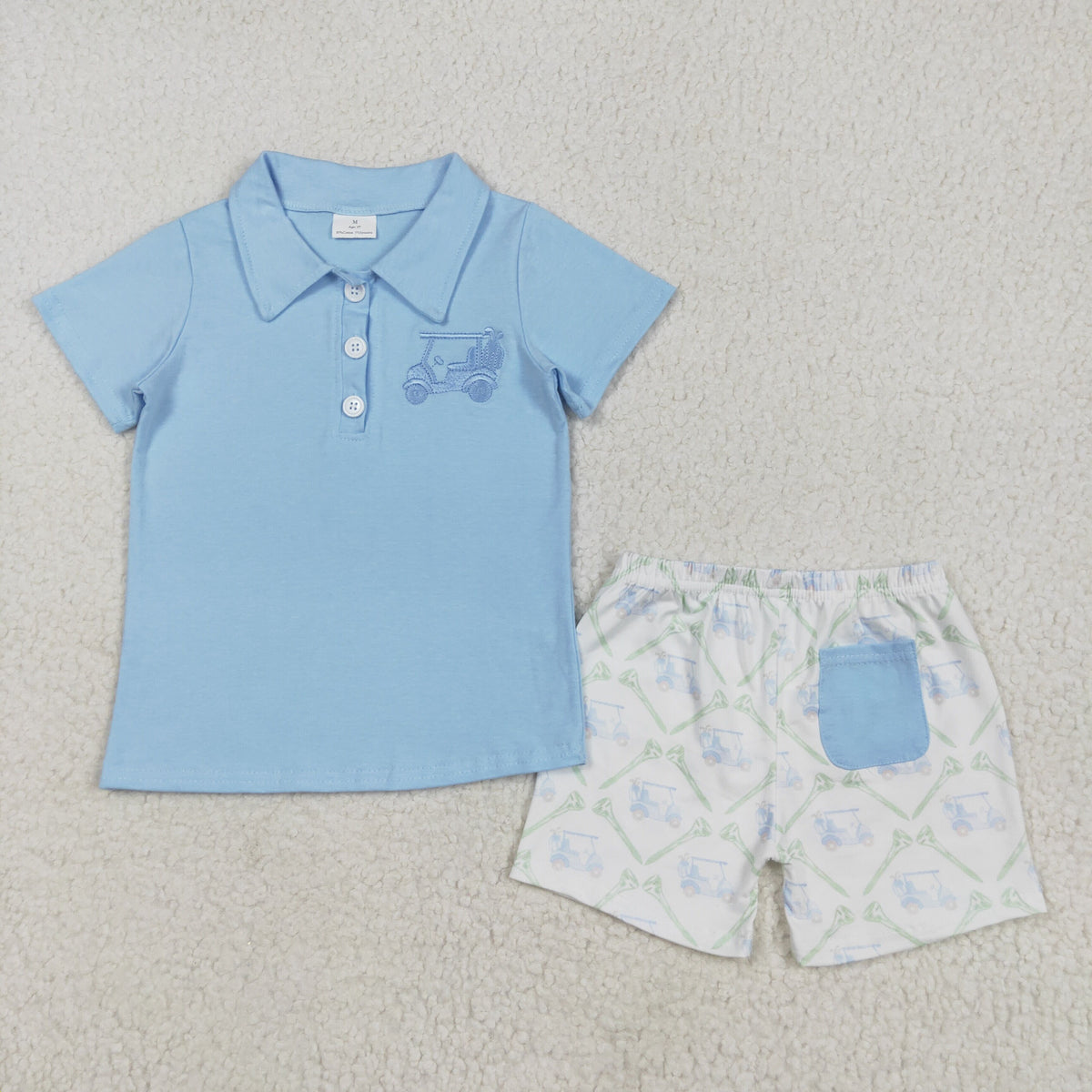 embroidery BSSO1494 golf car blue short sleeve shorts boys set