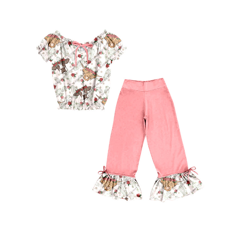 Custom Rose flowers cow short sleeve watermelon red ruffles pants girls set moq 3