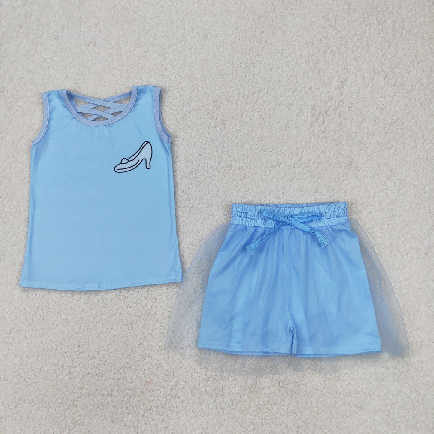 GSD2063 cartoon princess blue sleeveless lace shorts girls set