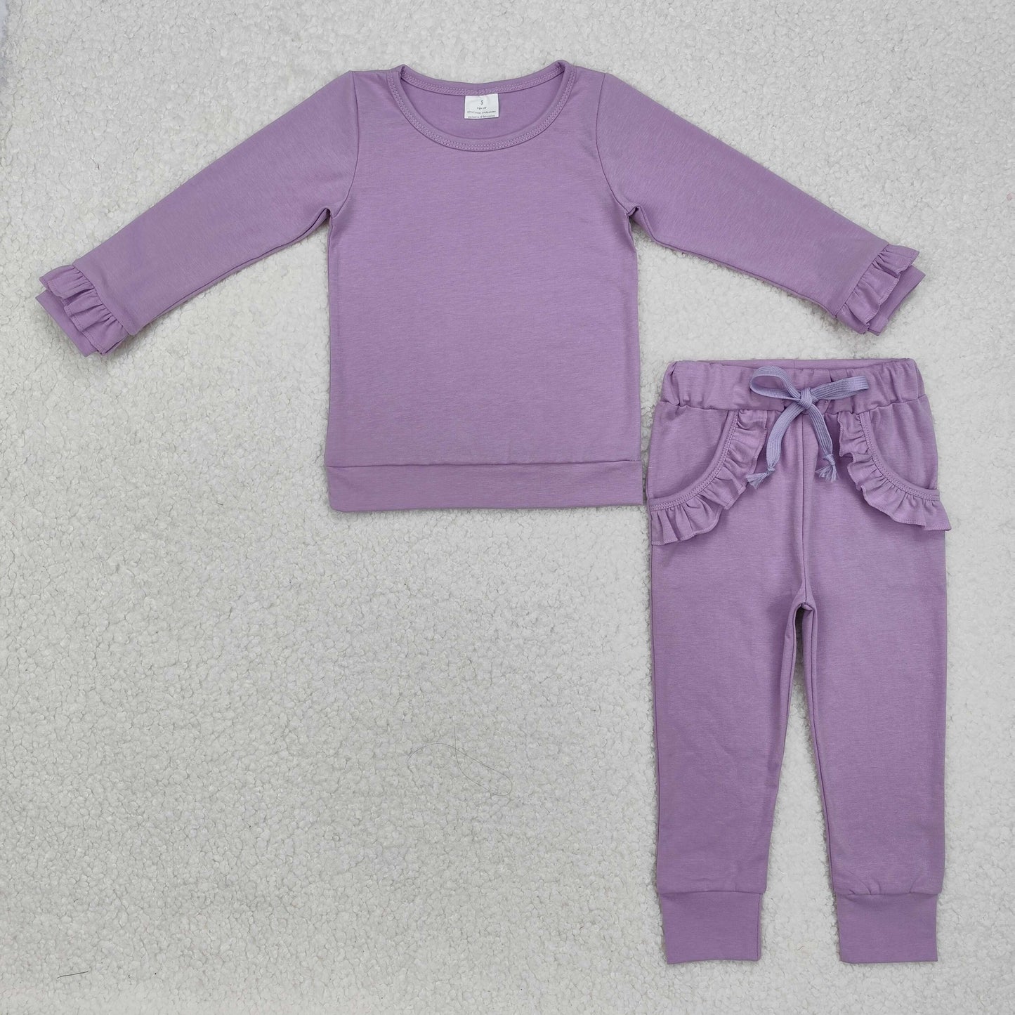 GLP2260 cotton purple long sleeve ruffles pockets pants girls set