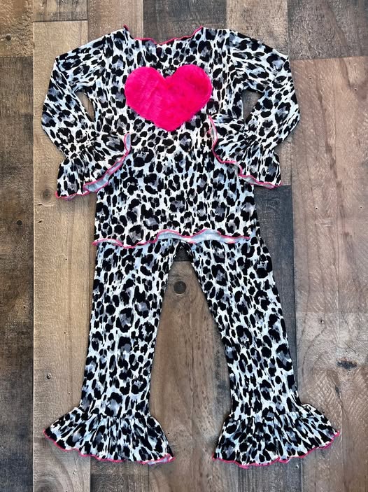 Custom Valentine Heart Black Leopard Long Sleeve Pants Girls Set