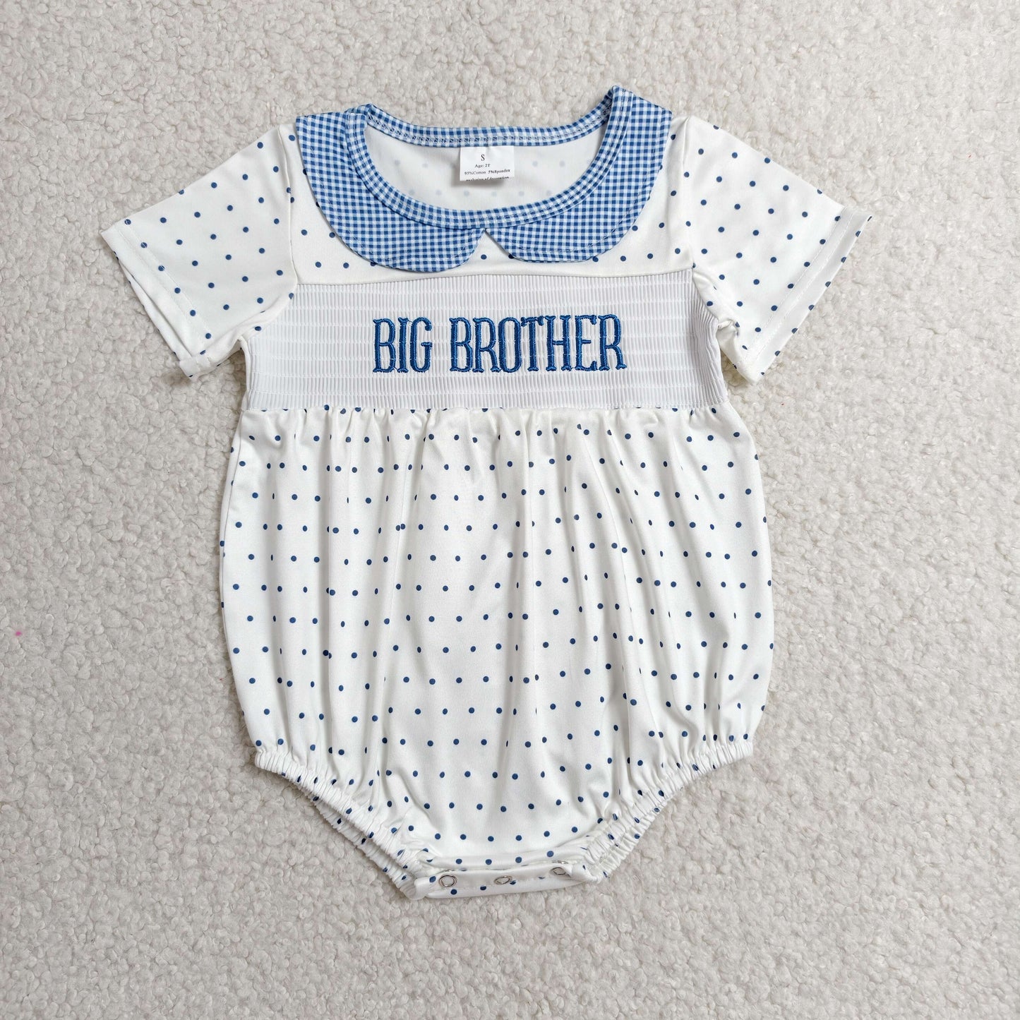 Embroidery Smocked SR3980 Big Brother Blue Dot Short Sleeve Girls Romper