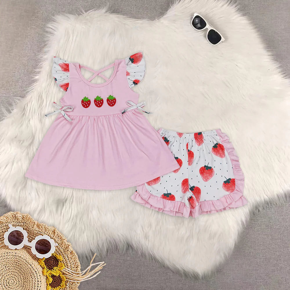 Embroidery cute strawberry girls set RTS Sibling Clothes