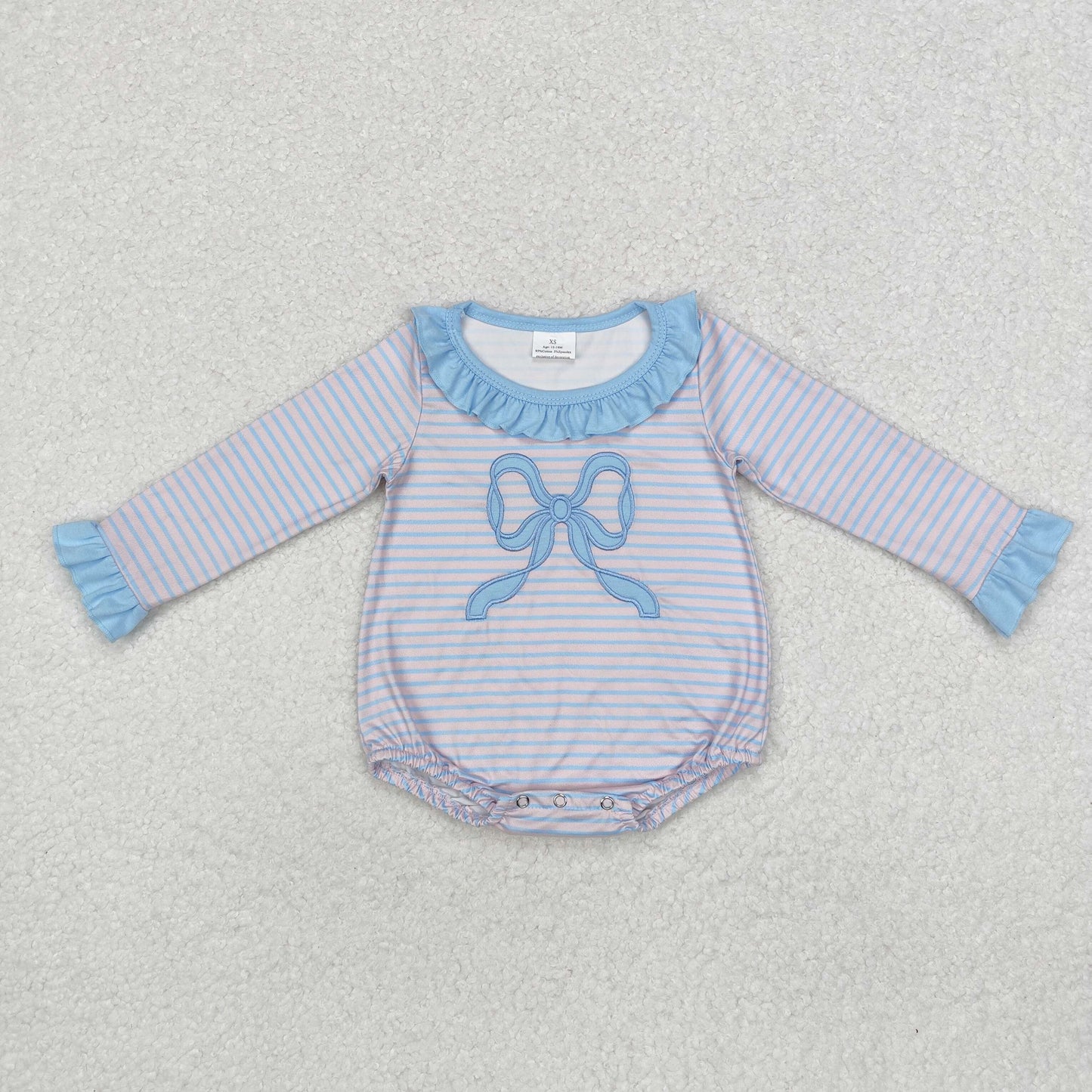 USA SHOP embroidery LR1379 blue bows striped pink long sleeve girls romper