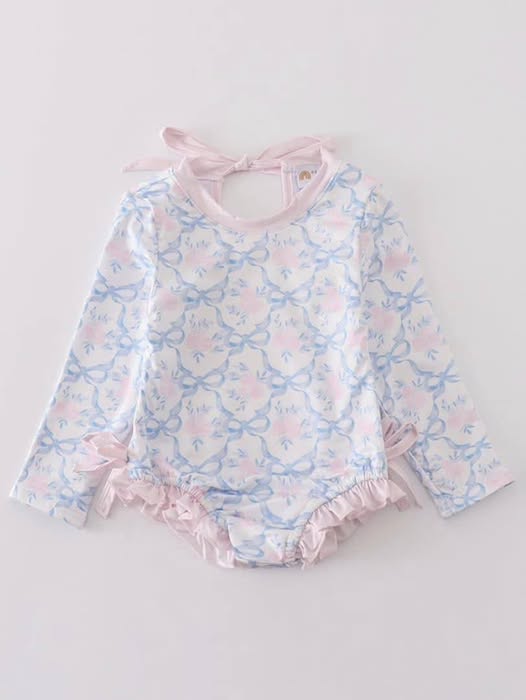 Custom Moq 3 Pink Flowers Blue Bows Long Sleeve Girls Bathing Swimsuits