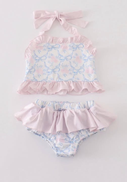 Custom Moq 3 Pink Flowers Blue Bows Straps Girls 2PC Swimsuits