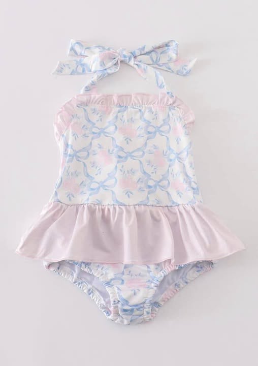 Custom Moq 3 Pink Flowers Blue Bows Straps Girls Bathing Swimsuits