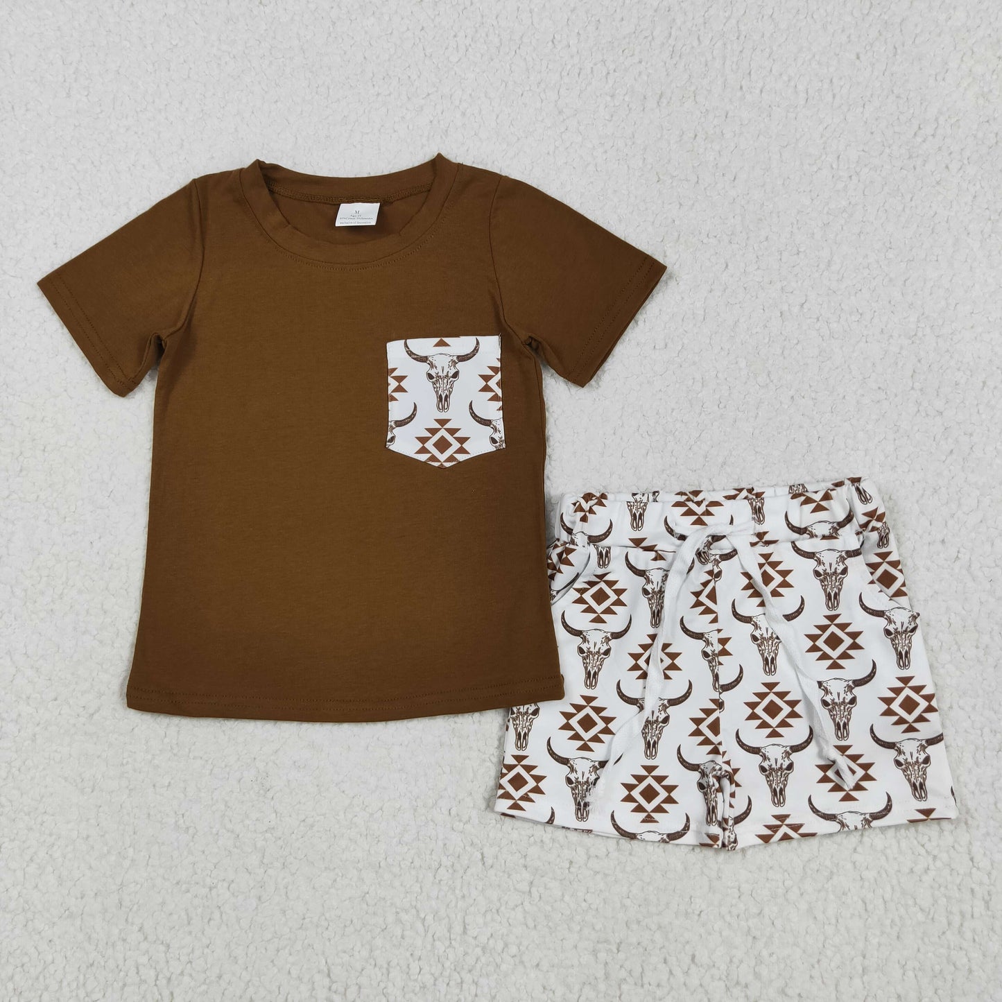 BSSO1319 Western brown pocket short sleeve cow aztec shorts boys set