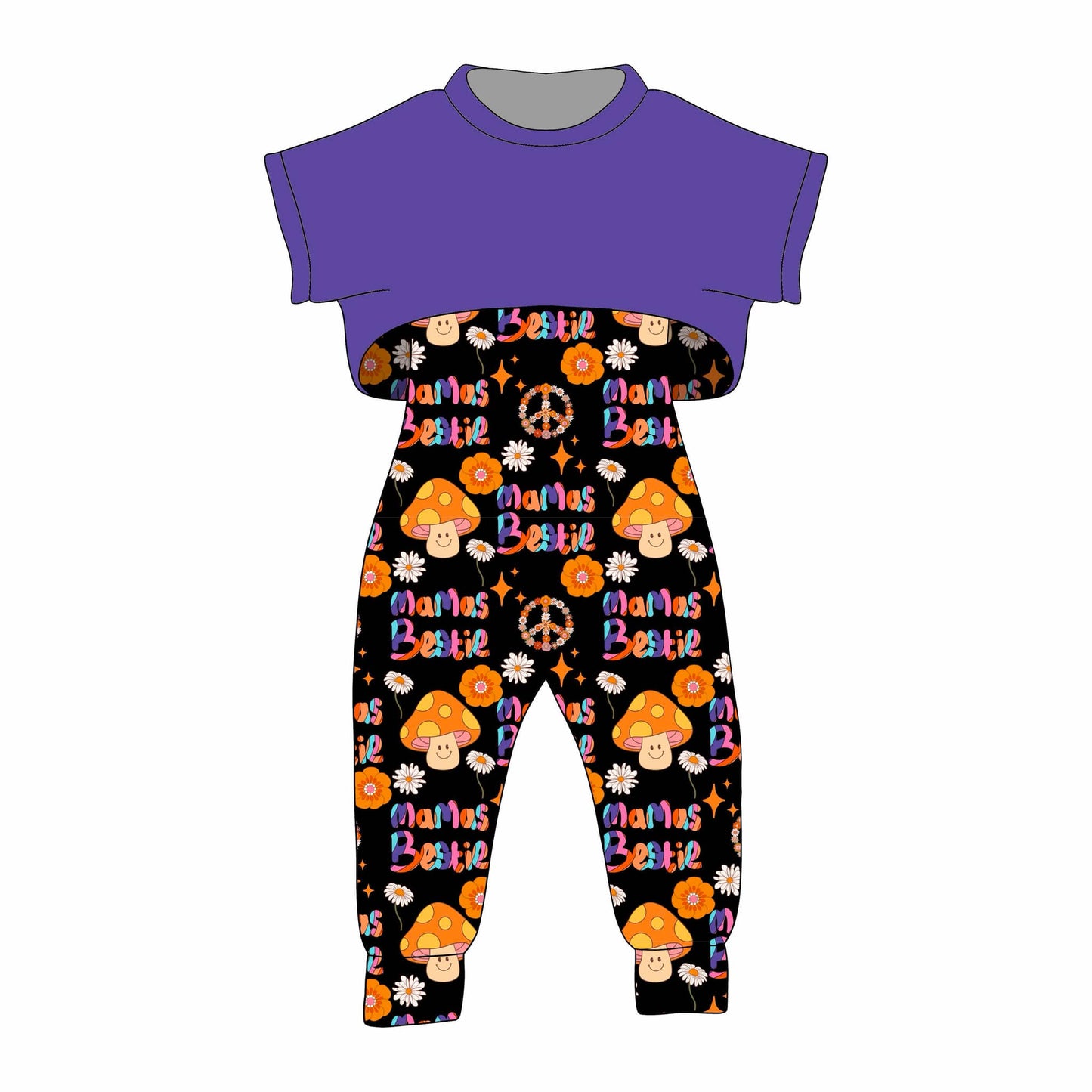 custom mama's bestie mashroom flowers purple short sleeve jumpsuits girls set
