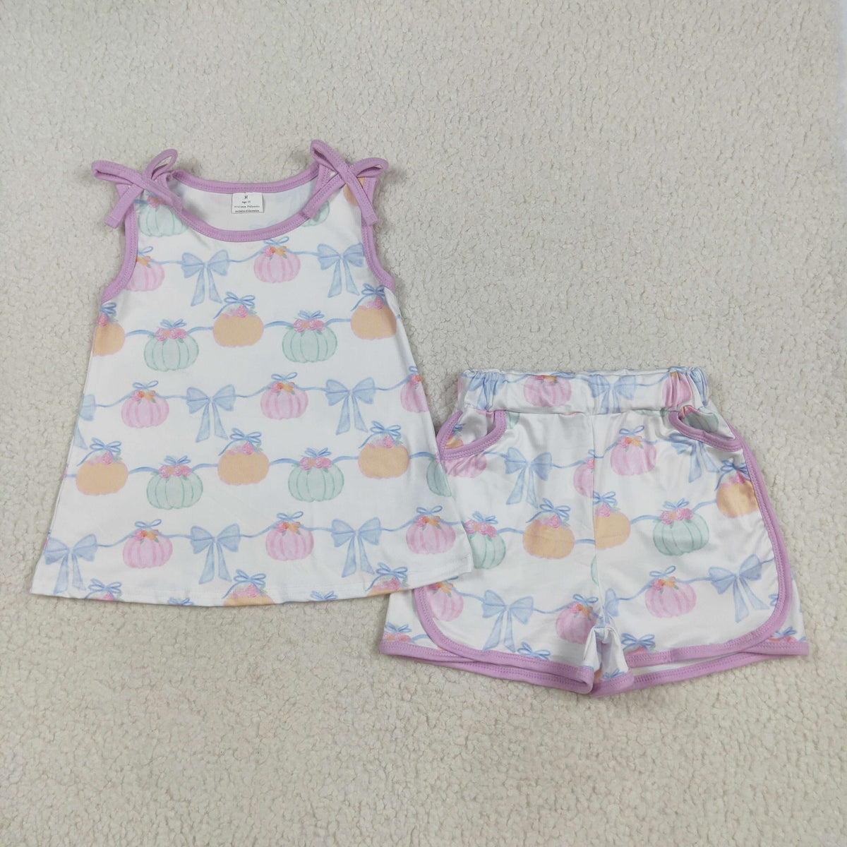 GSSO2668 blue/pink/orange pumpkin bows sleevless shorts girls set