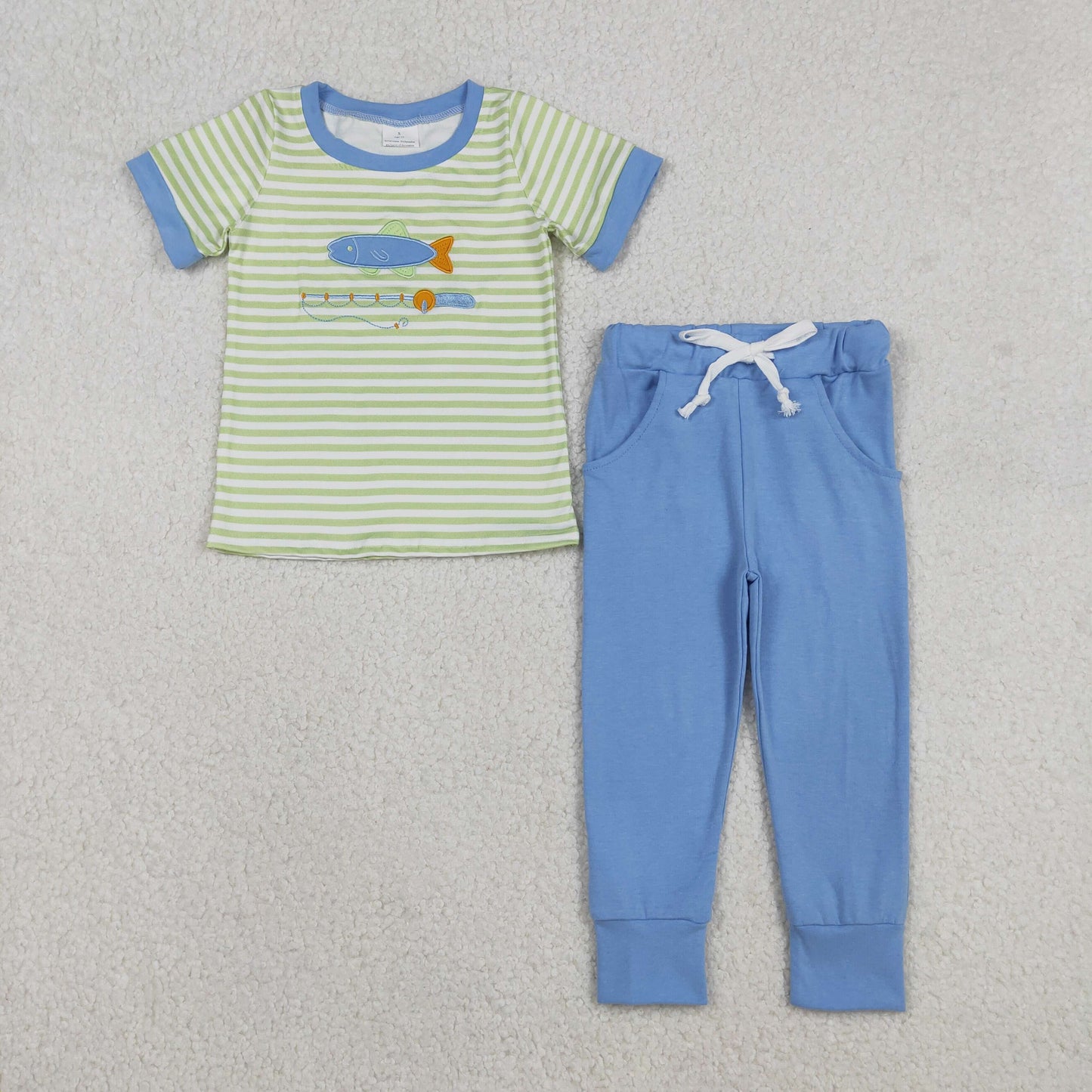 Embroidery BSPO0612 fishing green striped short sleeve blue pants boys set