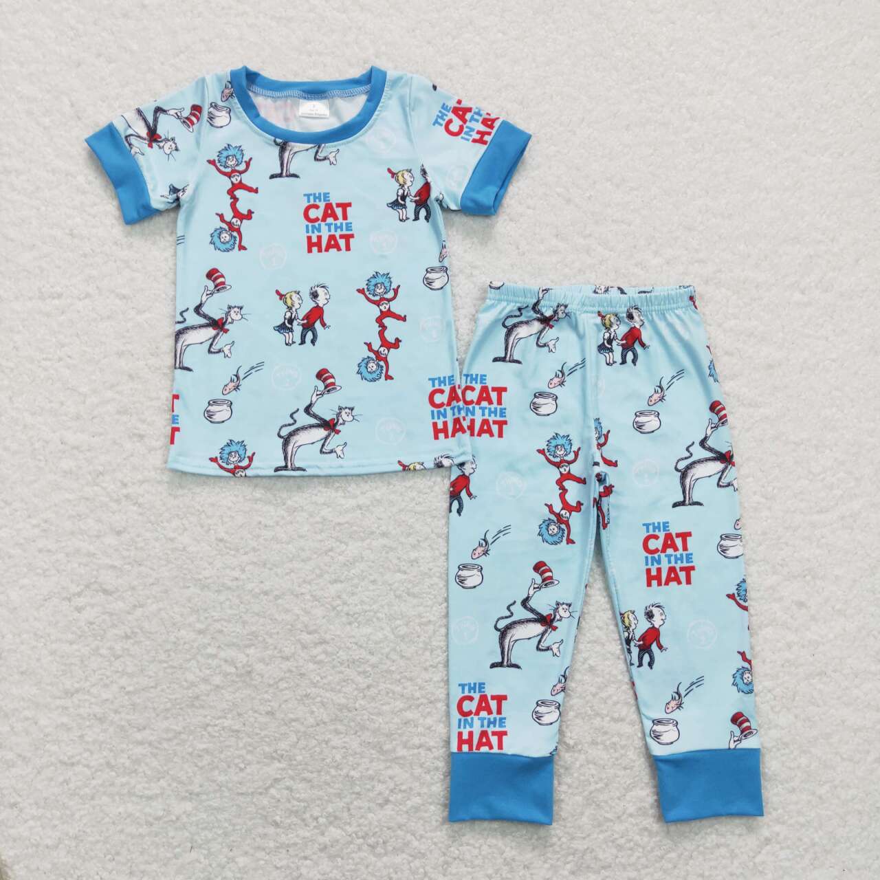 BSPO0185 Dr cartoon cat blue short sleeve pants boys set